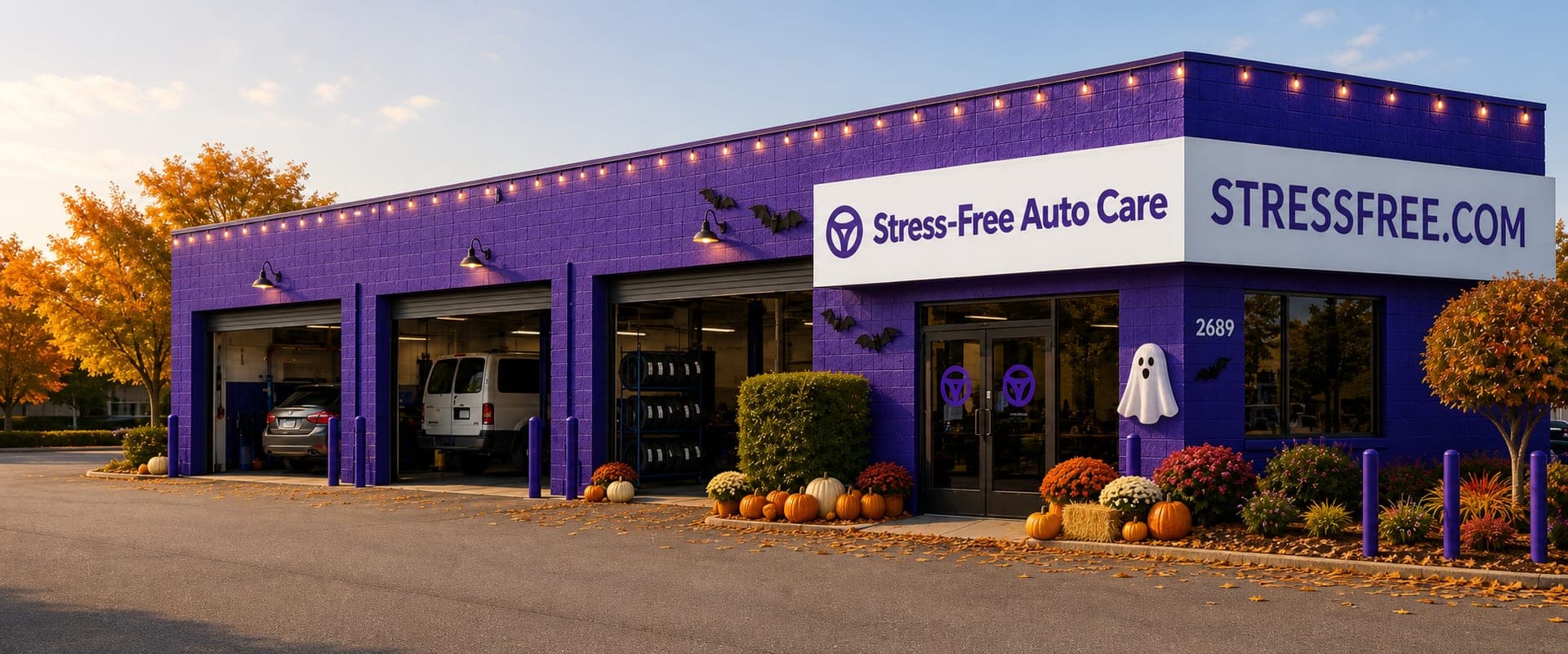 Stress-Free Auto Care Concord decorated for fall with pumpkins, flowers, amber string lights, bats, and a friendly ghost.